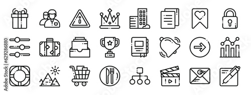 set of 24 outline web tab bar and settings icons such as gift, friend, warning, crown, real estate, copy, wishlist vector icons for report, presentation, diagram, web design, mobile app