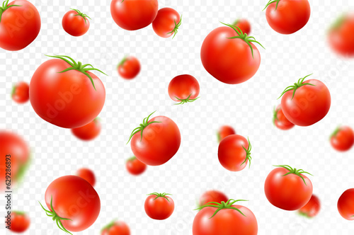 Tomato background. Falling fresh ripe tomatoes, isolated on transparent background. Selective focus. Flying defocusing red tomato. Applicable for ketchup, juice advertising. Realistic 3d vector