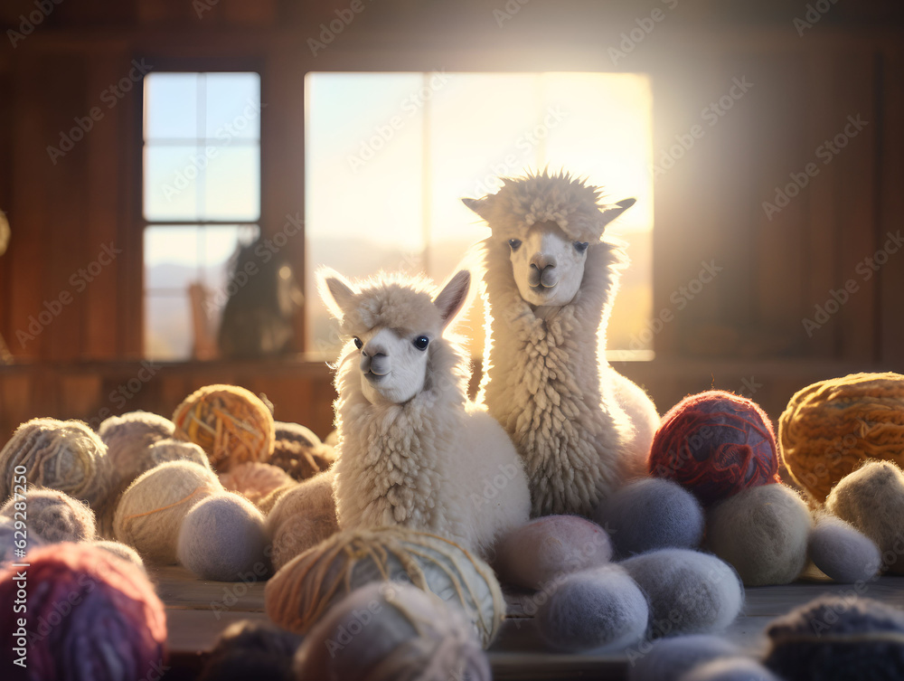 Obraz premium Alpacas, balls of yarn, balls of wool, colorful yarn, farm, fields, nature, alpaca farm, production of wool, fluffy, knitting, fabric, product from animals, agriculture, south american, mexican, 