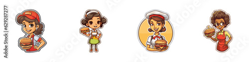 Cartoon waitress with burger. Vector illustration.