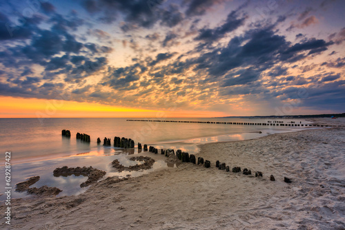 Beautiful sunrise on the summer beach at Baltic Sea in Ustka  Poland.