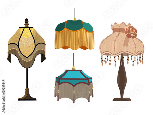 European vintage retro torchere lampshades in victorian style. Historic old-fashioned stylish interior. 