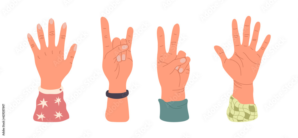 Hands raised up. Hand gesture. Fingers of hands how victory symbol. Spread fingers, inside of palm. Human arms with accessories. Colored flat vector illustration isolated on white background Hands raised up. Hand gesture. Fingers of hands how victory symbol. Spread fingers, inside of palm. Human arms with accessories. Colored flat vector illustration isolated on white background