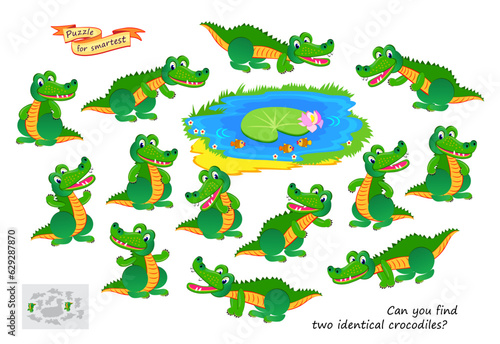 Logic puzzle for children and adults. Can you find two identical crocodiles? Page for kids brain teaser book. Task for attentiveness.  IQ test. Play online. Vector cartoon illustration.