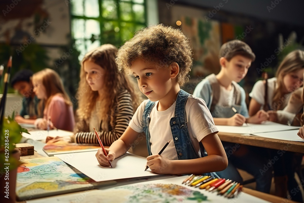 Group of kids drawing class in the Art School. Children painting. Group of kids drawing class in the Art School. Children painting.