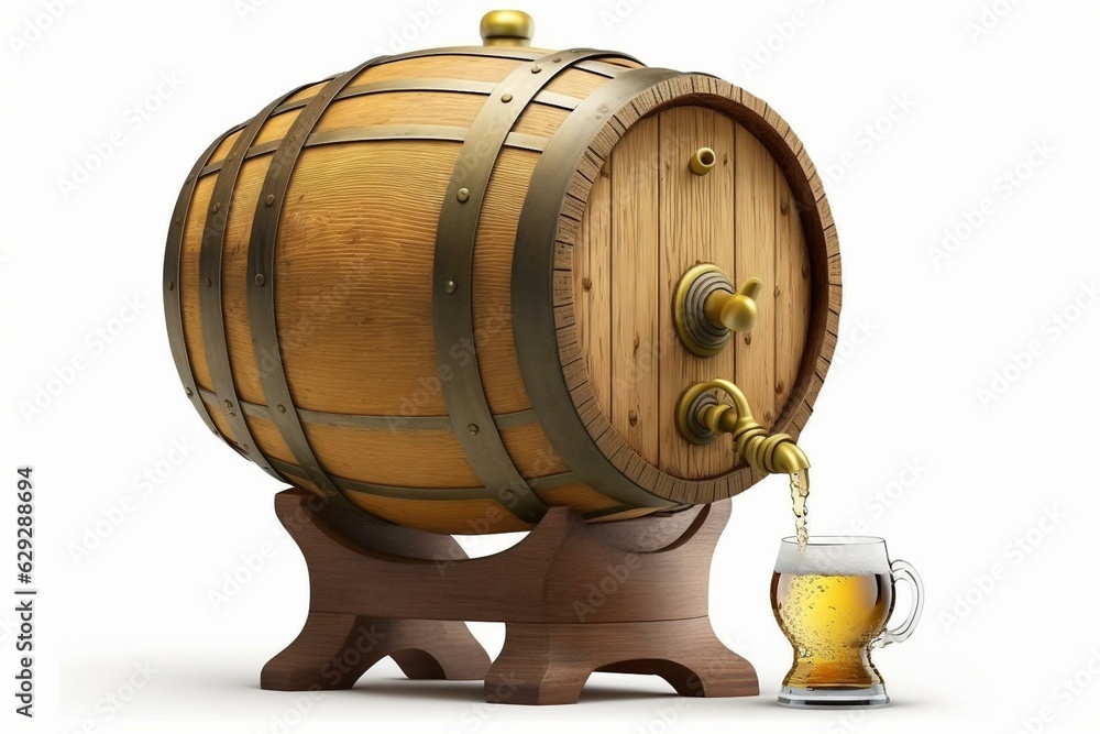 Barrel for beer with spigot made of wood and isolated on white. Generative AI