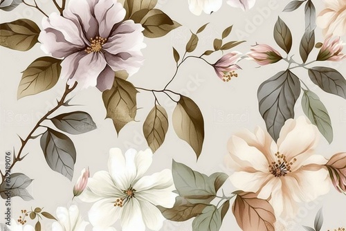 Seamless floral pattern featuring delicate watercolor flowers, digitally processed. Generative AI