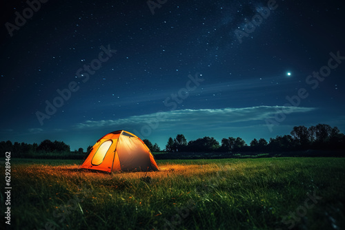 A large camping tent is lit up in a meadow at night.