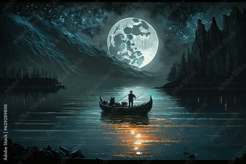 A nighttime painting of a boat on a lake with a full moon in the sky and a figure on board. Generative AI