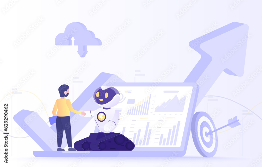 Handshake between humans and AI robots is a symbol of successful partnership, growth up, increase, share, exchange information, support to achieve business success. Flat vector design illustration. Handshake between humans and AI robots is a symbol of successful partnership, growth up, increase, share, exchange information, support to achieve business success. Flat vector design illustration.