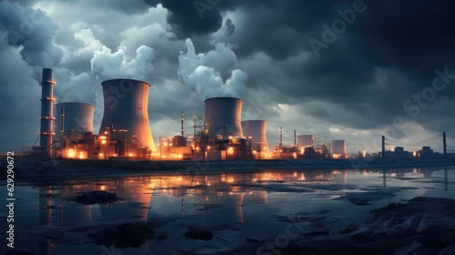 Nuclear power plant, nuclear power plant that is generating electricity and steam rising, Generative AI