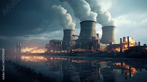 Nuclear power plant, nuclear power plant that is generating electricity and steam rising, Generative AI
