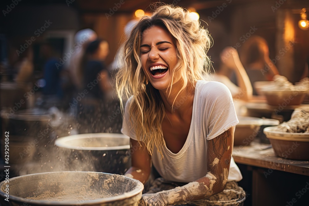 A happy smiling woman ceramist works behind a potter's wheel in a pottery workshop. Hobby and creativity concept