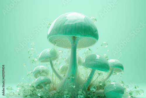 Creative unusual mushrooms in a mint green color palette isolated on flat color background with copy space. Fantasy fairy neon mushrooms group. 3d render illustration style.