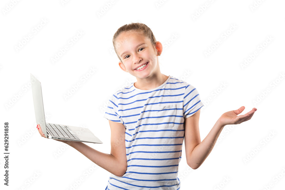 Cute little european girl holding modern silver laptop and smiling isolated on white background Cute little european girl holding modern silver laptop and smiling isolated on white background