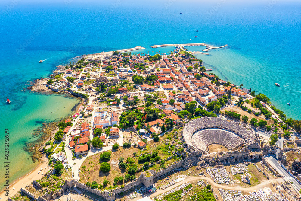 Fototapeta premium Aerial top drone view of ancient Side town with amphitheater, Antalya Province in Turkey