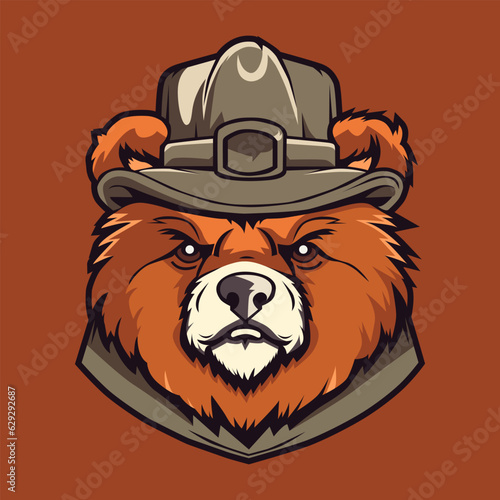 An illustration of a logo featuring a forest ranger bear, perfect as a mascot logo or for nature enthusiasts. Embracing the principles of respecting nature, teamwork, and environmental consciousness. 