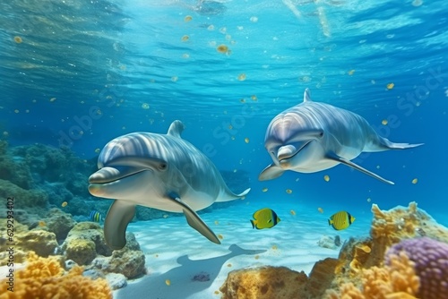 Dolphins in the sea. 3d illustration. Generative AI.