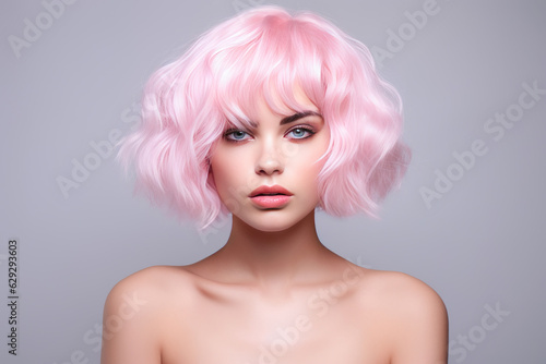 Emotion woman with pink hair. AI generated
