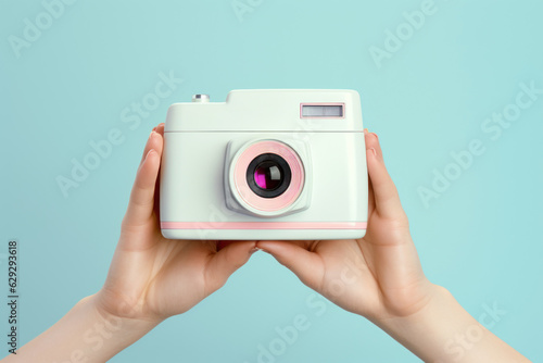 Hands with an instant camera. AI generated