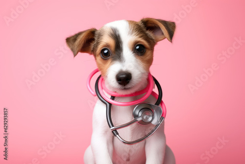 Portrait of a cute dog wearing stethoscope on color background. Vet doctor cat banner. AI generated © yuliachupina