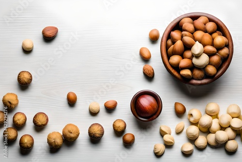 Flat Lay of Hazelnuts, Cashews, and Almonds on a White Background