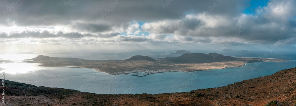 Stunning landscape of the island of La Graciosa seen from the Mirador del Rio, located on the island of Lanzarote, Canary Islands, Spain