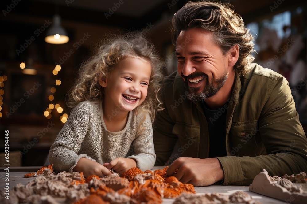Cheerful and happy little girl enjoy sculpting clay toys, playing with her father. creative hobby for kids. Portrait, Dad and daughter playing together on their free time at home. Happy family concept