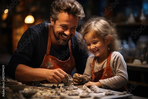 Cheerful and happy little girl enjoy sculpting clay toys, playing with her father. creative hobby for kids. Portrait, Dad and daughter playing together on their free time at home. Happy family concept photo