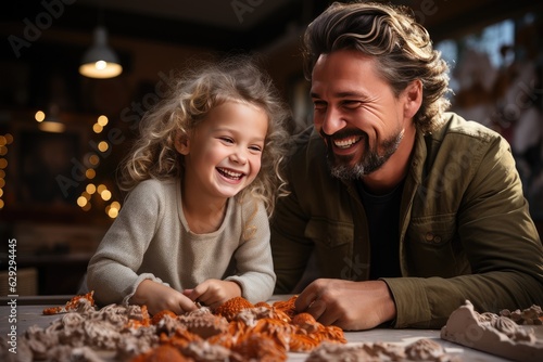 Cheerful and happy little girl enjoy sculpting clay toys  playing with her father. creative hobby for kids. Portrait  Dad and daughter playing together on their free time at home. Happy family concept