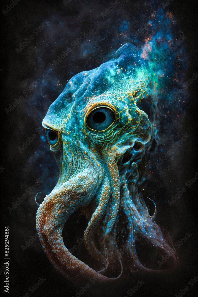 Cosmic Tentacles: Cthulhu Octopus in Surreal Illustration created with Generative AI technology