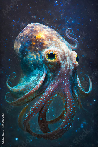 Cosmic Tentacles: Cthulhu Octopus in Surreal Illustration created with Generative AI technology