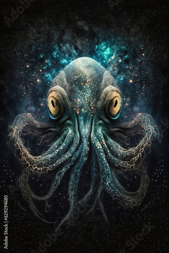 Celestial Monstrosity: Cthulhu Octopus on a Cosmic Voyage created with Generative AI technology