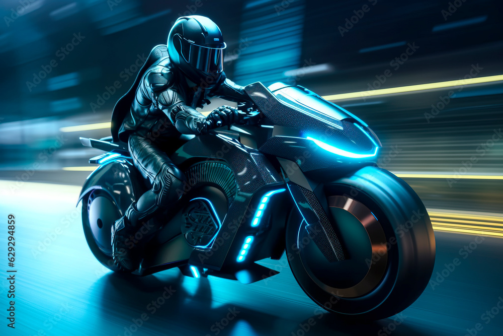 Neon Nights: Futuristic Motorcycle in Urban Speedscape created with Generative AI technology