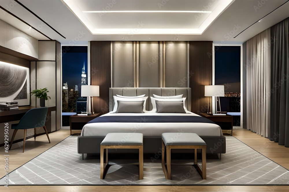 Fototapeta premium Modern hotel bedroom design, Double bed