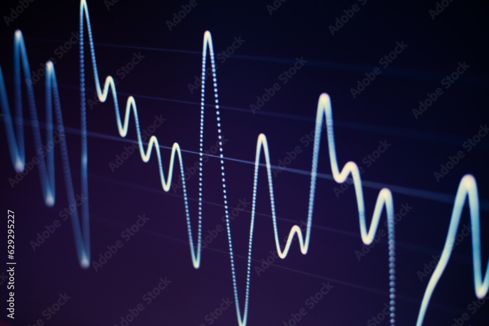 Seismogram. Waveform. Oscilloscope. Musical equalizer. Sound wave. Radio frequency Abstract closeup photo background copyspace