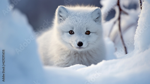 Baby Arctic fox (Vulpes lagopus) in snow habitat, winter landscape. Generative AI
