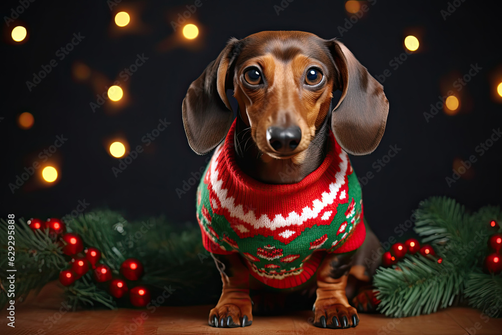 Dachshund  wearing a Christmas sweater or outfit. 