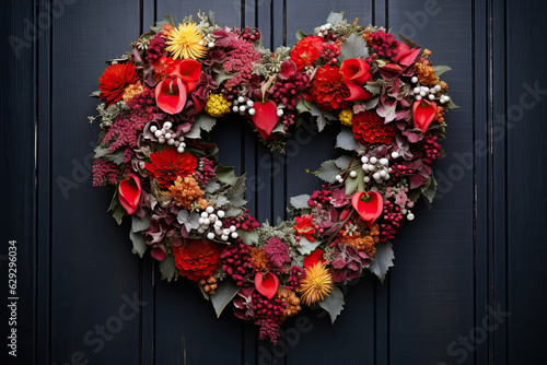 Christmas wreath in the shape of a heart, wreath on the front door 