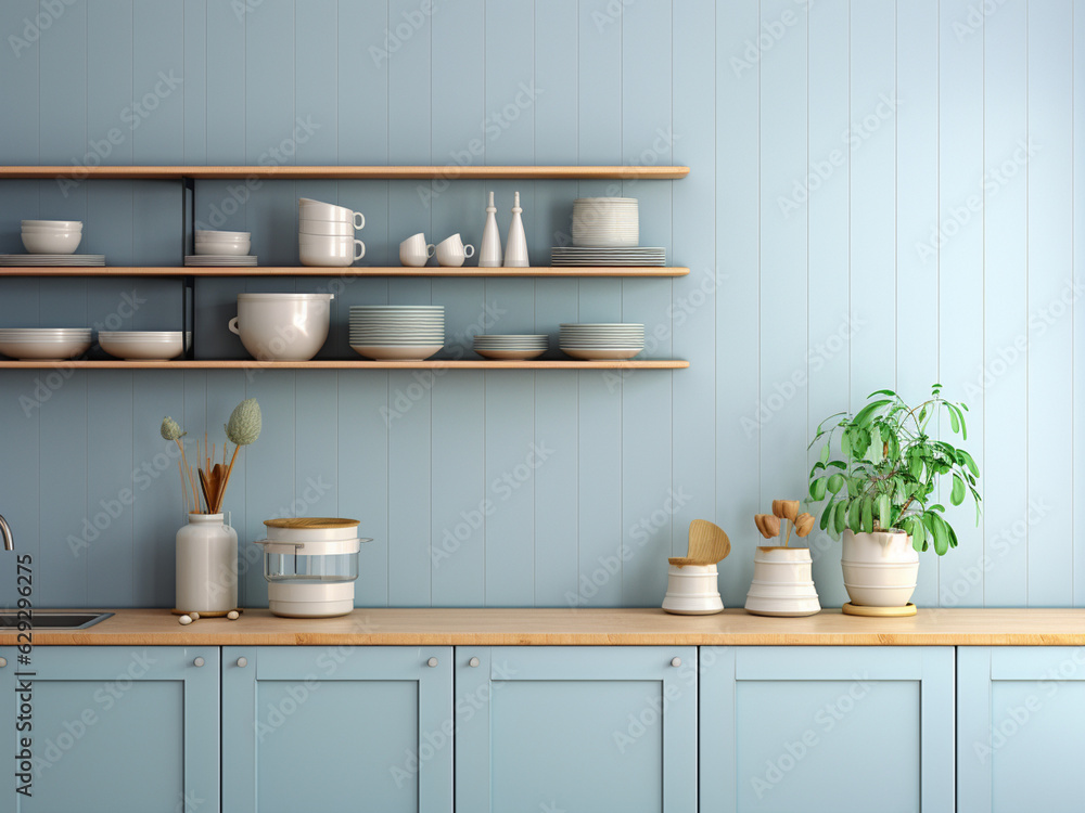 Blue kitchen with elegant furniture. AI Generated. Blue kitchen with elegant furniture. AI Generated.