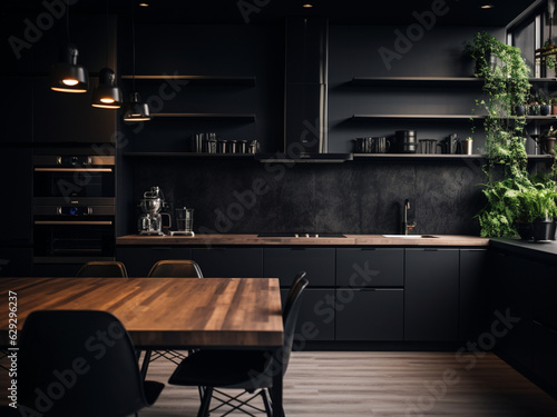 Dark black kitchen with ample storage. AI Generated.