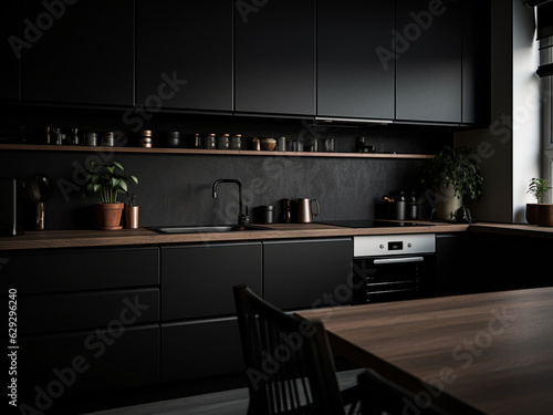 Contemporary black kitchen room. AI Generated.