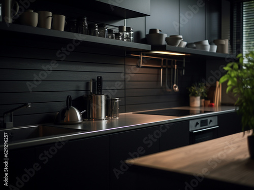 Black kitchen highlighting beautiful textures. AI Generated.