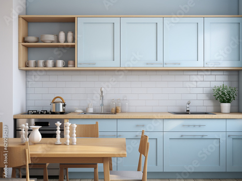Bright blue kitchen with modern furniture. AI Generated.