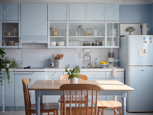 Bright blue kitchen with a touch of whimsy. AI Generated.