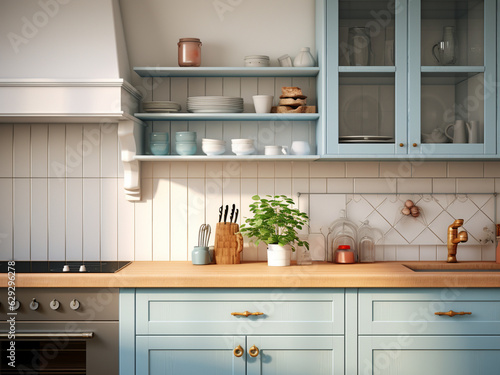 Modern blue kitchen interior with flair. AI Generated.