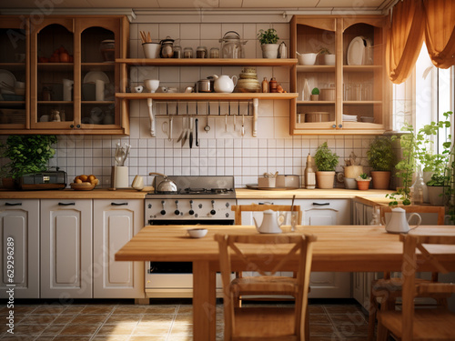 Classic kitchen interior with intricate design. AI Generated.