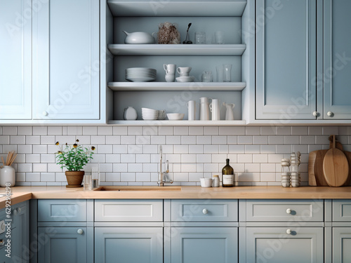 Contemporary blue kitchen with minimalistic style. AI Generated.