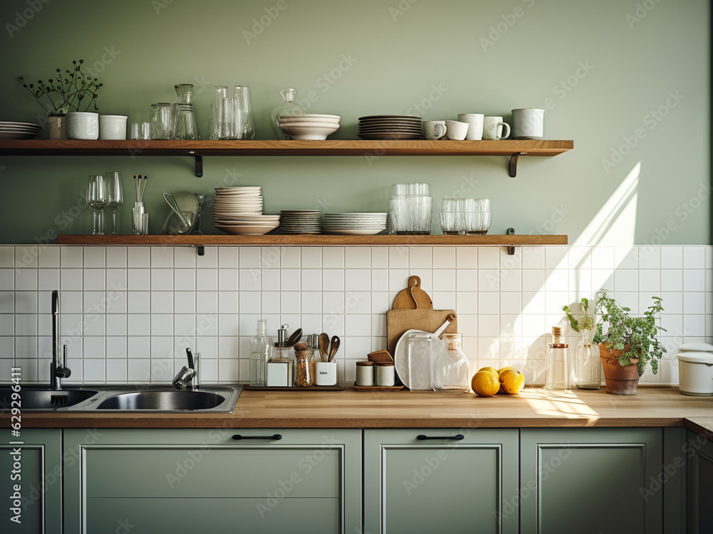 Green kitchen complemented by wooden furniture. AI Generated. Green kitchen complemented by wooden furniture. AI Generated.