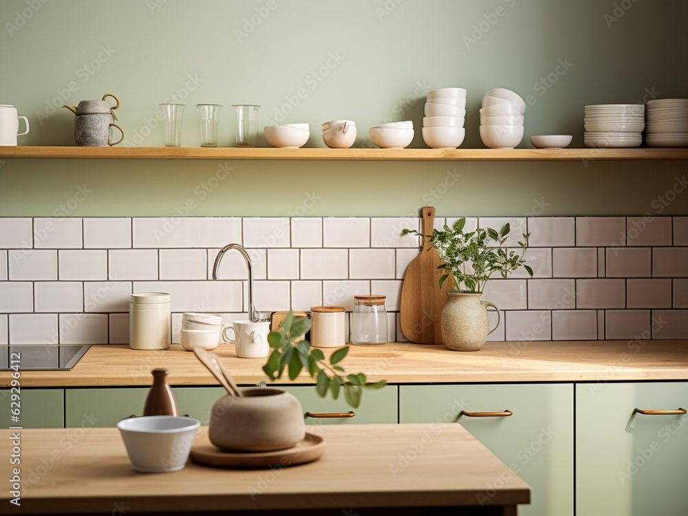 Green kitchen interior inspired by the outdoors. AI Generated. Green kitchen interior inspired by the outdoors. AI Generated.